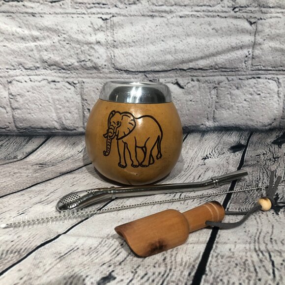 Yerba Mate Gourd Straw Stainless Cup KIT ARTISAN HANDMADE Elephant - Picture 3 of 3